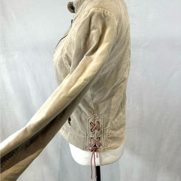 Maurice's Tan Beige Velvet Moto Bomber Jacket Laced Sides Full Zip Size Small - Picture 5 of 9